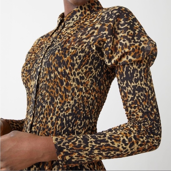 & OTHER STORIES Smocked Button Up Midi Dress Leopard Print Lined Sz 8 - Picture 2 of 14